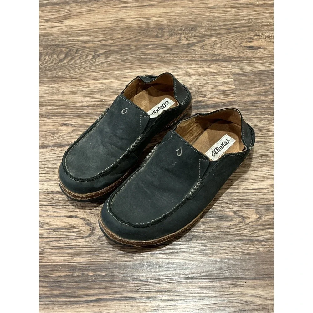 OluKai Moloa Shoes MEN US 9.5/ EU 42.5 Black Leather Slip On Loafers Comfort